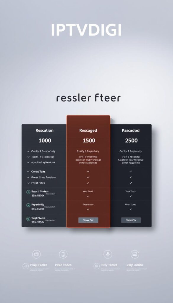 A stylish, minimalist infographic depicting the IPTVDIGI reseller pricing tiers. The main focus is a clean grid layout with distinct pricing packages, showcasing the different features and capabilities at each tier. The background features a subtle gradient or texture, creating a professional and sophisticated atmosphere. The overall color palette is muted and refined, with splashes of brand-appropriate colors to highlight key details. The composition is well-balanced, with clear delineation between the pricing tiers and supporting icons or graphics that visually communicate the value proposition. The lighting is soft and evenly distributed, creating a sense of depth and dimension. The camera angle is slightly elevated, giving the viewer a clear and comprehensive view of the entire pricing structure.