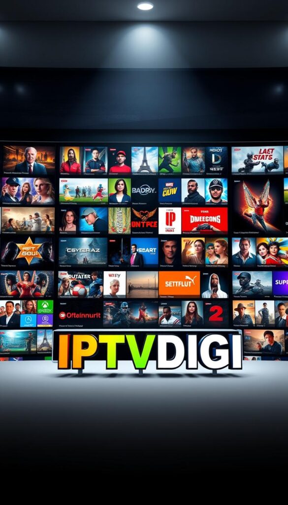A vast and diverse content library, showcased against a sleek, modern backdrop. In the foreground, the bold and vibrant "IPTVDIGI" logo stands out, conveying the brand's premium quality and extensive offerings. The middle ground features a curated selection of popular TV shows, movies, live sports, and international channels, represented by vibrant thumbnails and icons. The background subtly blends various textures and gradients, creating a sense of depth and sophistication. Soft, directional lighting illuminates the scene, casting subtle shadows and highlights to accentuate the content's visual appeal. The overall composition exudes a sense of professionalism, technological prowess, and the promise of an unparalleled IPTV experience.