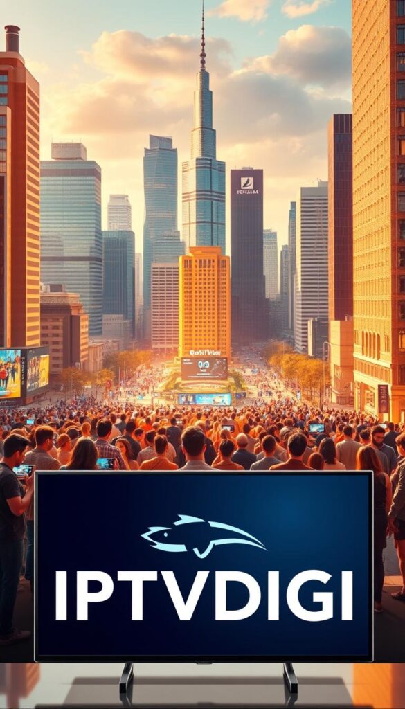 A vibrant and dynamic digital landscape showcasing the growing IPTV reselling opportunity. In the foreground, a sleek and modern IPTVDIGI logo commands attention, hinting at the power and innovation of this emerging industry. The middle ground features a diverse array of customers, each accessing a wealth of digital content through their IPTV subscriptions, symbolizing the broad appeal and accessibility of this service. In the background, a cityscape of towering skyscrapers and bustling streets underscores the global scale and potential of the IPTV reselling business. The scene is illuminated by warm, golden lighting, evoking a sense of prosperity and opportunity. The composition is dynamic, with a slightly elevated camera angle to convey a sense of authority and aspiration.