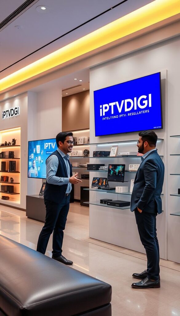 A vibrant and modern Latino IPTV reseller storefront, showcasing the IPTVDIGI brand. The scene depicts a well-lit, airy space with sleek, minimalist design. In the foreground, a smiling salesperson in business casual attire is assisting a customer, demonstrating the IPTV services on a large, high-definition display. The middle ground features stylish shelving units displaying IPTV-related products and merchandise. The background depicts a warm, inviting ambiance with subtle accent lighting, creating an atmosphere of professionalism and accessibility for potential Latino IPTV resellers.