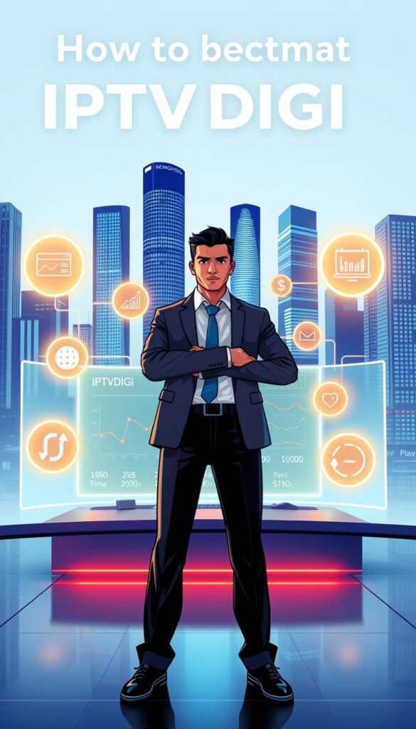 A vibrant and modern digital illustration showcasing the key benefits of becoming an IPTVDIGI reseller. In the foreground, a confident business person stands amidst a minimalist, high-tech environment, surrounded by glowing icons representing increased income, flexible scheduling, and passive revenue streams. The middle ground features a sleek, responsive IPTVDIGI dashboard displaying real-time analytics and customer management tools. In the background, a cityscape with towering skyscrapers symbolizes the global reach and scalability of the IPTVDIGI reseller platform. The overall mood is one of empowerment, innovation, and financial prosperity. Lighting is clean, crisp, and directional, creating depth and emphasizing the key elements. The camera angle is slightly elevated, conveying a sense of aspiration and achievement.