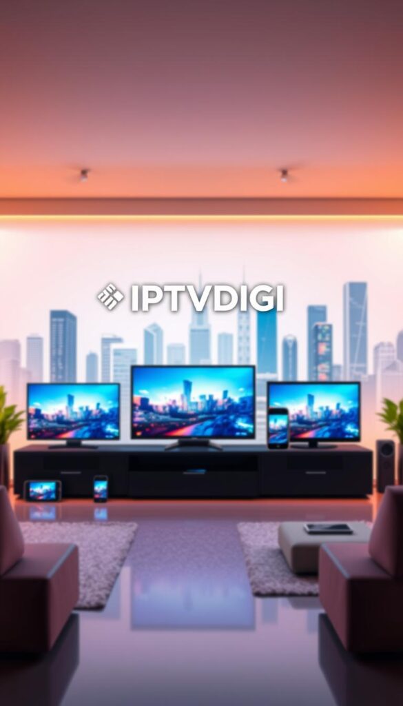 A vibrant and modern illustration showcasing the IPTVDIGI brand and its IPTV services. In the foreground, a sleek and minimalist logo for IPTVDIGI hovers, conveying a sense of professionalism and reliability. In the middle ground, a series of digital devices such as smart TVs, smartphones, and tablets display IPTV content, highlighting the versatility and accessibility of the service. The background features a clean and stylish cityscape, conveying a sense of technology, progress, and the digital age. The lighting is soft and warm, creating a welcoming and inviting atmosphere. The overall composition is well-balanced and visually striking, effectively communicating the high-quality IPTV offerings of IPTVDIGI.