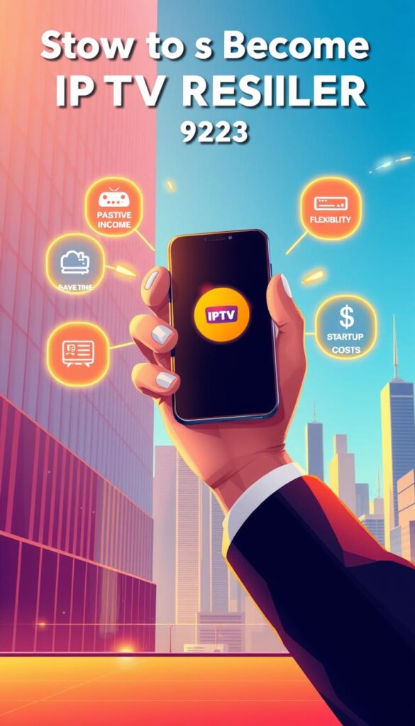 A vibrant and modern illustration showcasing the benefits of becoming an IPTV reseller for IPTVDIGI in 2023. The scene depicts a large hand holding a smartphone displaying the IPTVDIGI logo, surrounded by glowing icons representing the key advantages: passive income, flexibility, low startup costs, and a wide range of high-quality IPTV channels. The background features a sleek, minimalist cityscape with skyscrapers and a clear blue sky, conveying a sense of progress and opportunity. The lighting is warm and inviting, creating a professional and aspirational atmosphere. The overall composition is balanced and visually striking, drawing the viewer's attention to the central benefits of the IPTV reseller business model.
