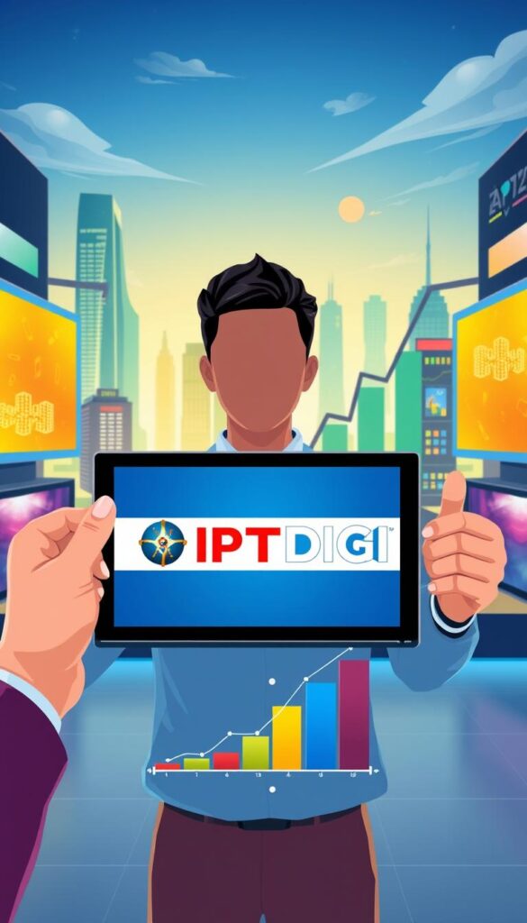 A vibrant and modern-looking illustration showcasing the IPTVDIGI IPTV reselling business opportunity. In the foreground, a person confidently presents a tablet device displaying the IPTVDIGI logo and interface, highlighting the ease of managing an IPTV resale operation. The middle ground features a stylized graph chart demonstrating the growth potential and profitability of the IPTV resale market. In the background, a cityscape with skyscrapers and digital displays conveys a sense of a thriving technological landscape, emphasizing the forward-thinking nature of the IPTV reselling business. The overall scene should exude a vibrant, modern, and professional atmosphere that captures the exciting potential of the IPTVDIGI IPTV reselling opportunity.