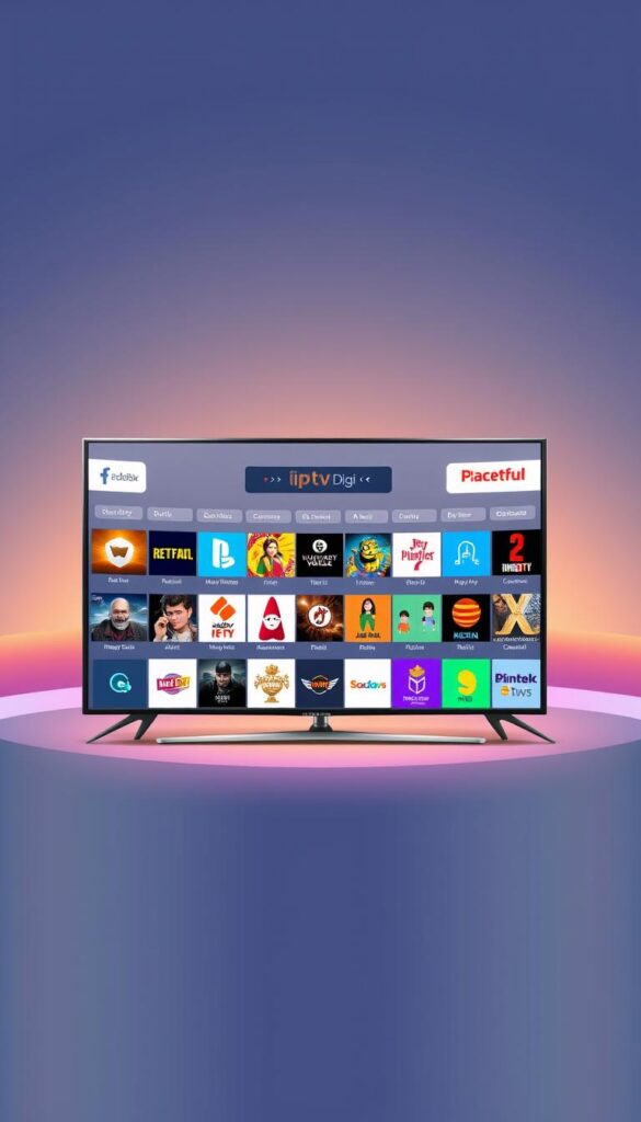 A vibrant and visually captivating illustration of the IPTVDIGI channel offerings. In the foreground, a sleek, modern television display showcases a diverse array of channel icons, each meticulously designed and arranged to highlight the breadth of content available. The middle ground features a minimalist interface, with clean typography and intuitive navigation, inviting the viewer to explore the platform's user-friendly experience. In the background, a soft, gradient-based environment sets the tone, conveying a sense of technological sophistication and premium quality. The overall composition exudes a sense of professionalism, attention to detail, and a commitment to providing a comprehensive and seamless entertainment experience for IPTVDIGI customers.