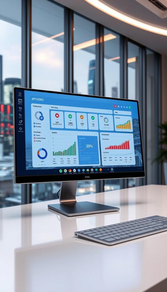 A vibrant, dynamic IPTVDIGI reseller panel interface displayed on a modern desktop computer, showcasing a thriving IPTV reseller market. The screen features detailed analytics, customer management tools, and revenue growth visualizations, set against a backdrop of a bustling, futuristic cityscape visible through large windows. Sleek, minimalist design elements create a sense of sophisticated professionalism, while subtle lighting and camera angles highlight the panel's sophisticated capabilities. The overall scene conveys the rapid expansion and lucrative potential of the IPTV reseller industry.
