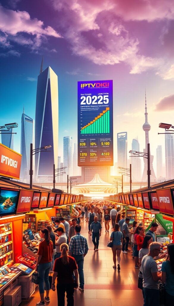 A vibrant, dynamic scene depicting the rapid growth of the IPTV reseller market in 2025. In the foreground, a bustling marketplace with rows of colorful vendor stalls, each showcasing the latest IPTV packages and services from the IPTVDIGI brand. Customers peruse the offerings, engaging with enthusiastic resellers. In the middle ground, a towering digital billboard displays real-time data and statistics, illustrating the exponential rise in IPTV subscriptions and reseller revenues. The background features a futuristic cityscape, with sleek skyscrapers and advanced communication infrastructure, symbolizing the technological advancements driving this industry. The scene is bathed in a warm, vibrant lighting, conveying a sense of optimism and growth within the IPTV reseller market.