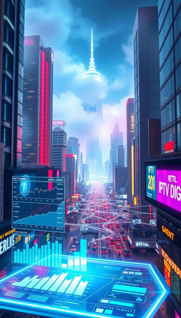 A vibrant, futuristic cityscape with towering skyscrapers and neon-lit streets, showcasing the rapid growth of the IPTVDIGI reselling market. In the foreground, a holographic display presents market analysis and statistics, conveying the dynamic nature of this thriving industry. The middle ground features a bustling, interconnected network of IPTV resellers, their transactions and collaborations depicted through a visually striking data visualization. The background is shrouded in a hazy, techno-futuristic atmosphere, hinting at the cutting-edge technology and innovation driving the IPTV reselling market forward. The overall scene conveys a sense of excitement, innovation, and the vast potential of this rapidly evolving industry.