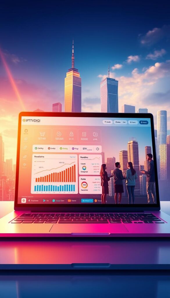 A vibrant, hyper-realistic digital illustration depicting the growth and success of an IPTV reseller business. In the foreground, a laptop screen displays the IPTVDIGI reseller panel, showcasing real-time analytics and revenue metrics. In the middle ground, a team of enthusiastic resellers collaborate, strategizing expansion plans. The background features a cityscape with towering skyscrapers, symbolizing the scale and ambition of the IPTV reseller enterprise. Warm lighting casts a dynamic glow, evoking a sense of energy and momentum. The overall composition conveys the rapid expansion and profitability of the IPTVDIGI reseller business model.