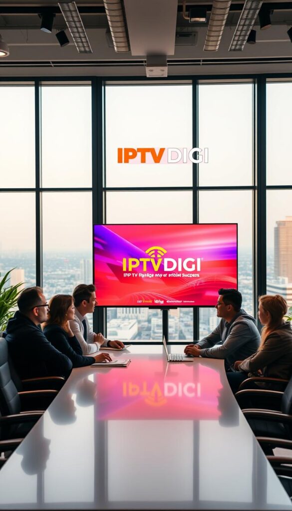 A vibrant, modern office setting with a large flat-screen display showcasing the IPTVDIGI brand and logo. In the foreground, a group of professional IPTV resellers collaborating around a sleek conference table, discussing growth strategies and partnership opportunities. Soft, directional lighting illuminates their faces, conveying a sense of energy and optimism. In the background, a cityscape visible through floor-to-ceiling windows, symbolizing the global reach and scale of the IPTV industry. The overall atmosphere is one of innovation, technology, and the potential for lucrative IPTV reseller success.