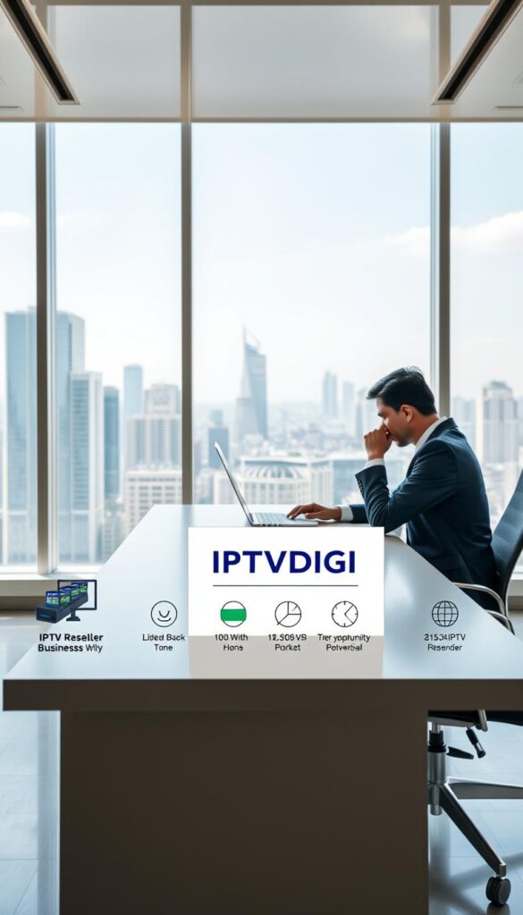 A vibrant, modern office setting with a sleek, minimalist design. In the foreground, a person sitting at a desk, deeply engaged with a laptop, representing the IPTV reseller business opportunity. On the desk, a prominent sign displaying the brand name "IPTVDIGI". The middle ground features stylized icons and infographics highlighting key statistics and growth potential of the IPTV reseller market in India. The background showcases a cityscape through large windows, conveying a sense of urban dynamism and opportunity. The lighting is bright and natural, creating a professional, aspirational atmosphere. The overall scene evokes a sense of innovation, technology, and the thriving potential of the IPTV reseller business in India.