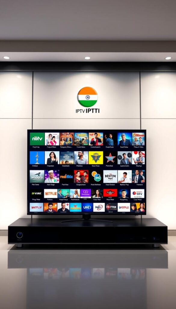 A vibrant, realistic digital display showcasing a diverse selection of Indian IPTV channels. The screen is set against a sleek, modern backdrop, with a IPTVDIGI logo prominently displayed. The channels are presented in a grid layout, each tile featuring a clear thumbnail and channel name, conveying the extensive range of entertainment options available to Indian IPTV resellers. The lighting is soft and natural, creating a welcoming and professional atmosphere. The overall composition emphasizes the variety, quality, and accessibility of the IPTV service, inspiring confidence in potential resellers.