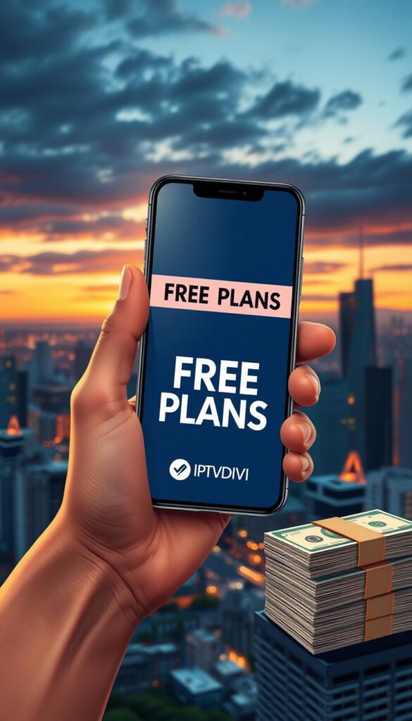 A vibrant, realistic digital illustration showcasing the allure of free IPTVDIGI reseller plans. In the foreground, a hand holding a smartphone displays a sleek, modern interface with a prominent "FREE PLANS" banner. The middle ground features a stack of money and a stylized IPTVDIGI logo, conveying the perceived financial benefits. The background depicts a cityscape at dusk, bathed in a warm, golden glow that creates an inviting, aspirational atmosphere. The overall composition emphasizes the temptation and perceived value of these free reseller offerings, hinting at the risks that may lie beneath the surface.