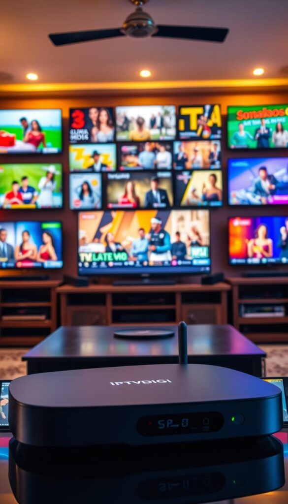 A vibrant scene of Latino IPTV content, showcasing a diverse array of channels and programming. In the foreground, a stylish IPTVDIGI set-top box takes center stage, its sleek design complementing the colorful on-screen graphics. The middle ground features a lively collection of TV screens displaying a range of Spanish-language entertainment, from telenovelas and sports to news and music. In the background, a warm, ambient lighting creates a cozy, living room-like atmosphere, inviting the viewer to immerse themselves in the rich tapestry of Latino IPTV offerings. The overall composition conveys the dynamic and growing market for this content, with a sense of energy and cultural vibrancy.