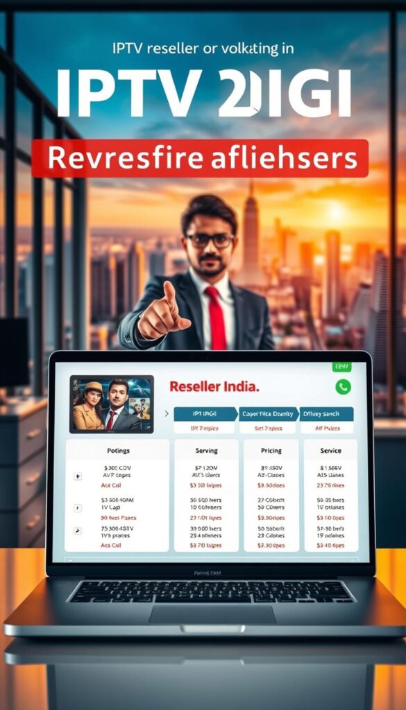 A vibrant, visually engaging image showcasing IPTVDIGI's IPTV reseller packages for the Indian market. Set in a modern, minimalist office space, the foreground features a laptop displaying a range of IPTV package options, with clear pricing and service details. In the middle ground, a person in a suit gestures towards the laptop, highlighting the attractive reseller opportunity. The background depicts the bustling cityscape of a major Indian metropolis, conveying the dynamic nature of the IPTV industry in the country. The lighting is warm and inviting, creating a professional yet approachable atmosphere. The overall composition and styling suggest the potential for lucrative IPTV reselling in India.