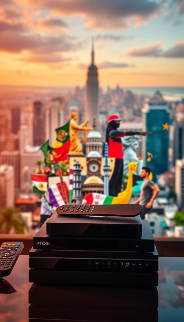 A vibrant, visually engaging image showcasing the diverse range of IPTVDIGI's Latino IPTV packages. In the foreground, a stack of media devices, including sleek streaming boxes and remote controls, hinting at the wide array of content available. In the middle ground, a collage of cultural imagery - colorful Latin American flags, iconic landmarks, and lively music notes - capturing the essence of the Latino entertainment experience. The background features a dynamic, blurred cityscape, suggesting the global reach and accessibility of these IPTV offerings. Warm, saturated lighting and a cinematic depth of field create a premium, aspirational atmosphere, inviting the viewer to explore the comprehensive IPTV reseller Latino packages and content.