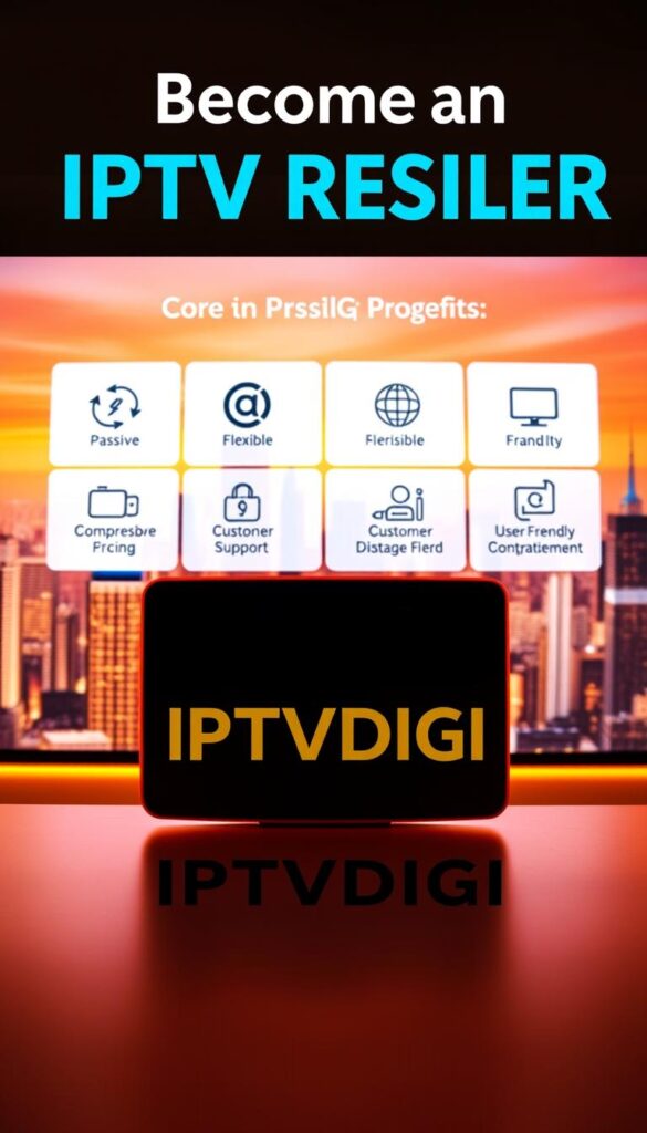 A vibrant, visually engaging image showcasing the key benefits of becoming an IPTV reseller for the IPTVDIGI brand. In the foreground, a sleek, modern IPTVDIGI logo stands out, hinting at the premium quality and reliability of the service. The middle ground features a grid of icons representing the core reseller benefits - passive income, flexible pricing, comprehensive customer support, and a user-friendly platform. The background is a stylized cityscape, conveying the global reach and scalability of the IPTVDIGI reseller program. The lighting is warm and inviting, creating a sense of professionalism and success. The overall composition is balanced, drawing the viewer's eye to the key messaging and visuals.