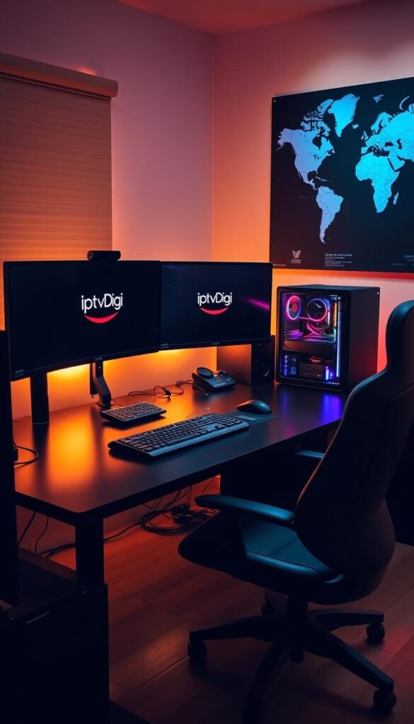 A well-equipped home office with a sleek black desk, dual monitors, and a high-end gaming PC. The desk is adorned with the IPTVDIGI brand logo, signifying a professional IPTV reseller business. The room is bathed in warm, focused lighting, creating a productive and efficient atmosphere. In the background, a large world map hangs on the wall, hinting at the global reach of the IPTV service. The overall scene conveys a sense of organization, technology, and a thriving IPTV reseller operation.