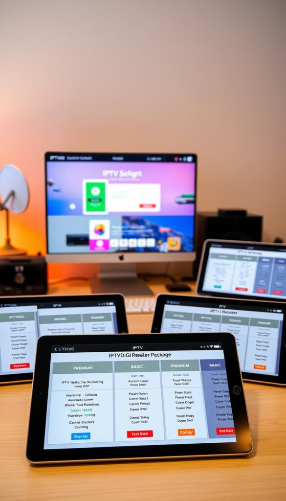 A well-lit and clean-looking desktop scene showcasing various IPTVDIGI reseller package options. In the foreground, display several tablet devices showcasing different IPTV reseller plans, ranging from basic to premium, with clear pricing details. In the middle ground, include a laptop or desktop computer displaying the IPTVDIGI website, highlighting the reseller signup process. In the background, incorporate subtle IPTV-related iconography, such as satellite dishes or streaming devices, to reinforce the theme. Use a warm, inviting color palette and a slightly elevated camera angle to create a professional, aspirational atmosphere.