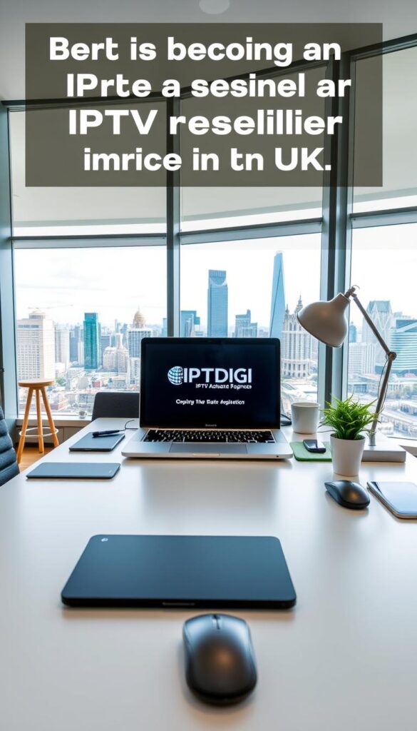 A well-lit and modern office interior, with a large desk showcasing a laptop displaying the IPTVDIGI logo. On the desk, there are various accessories such as a sleek wireless mouse, a stylish lamp, and a potted plant, creating a professional and organized work environment. The background features floor-to-ceiling windows, allowing natural light to flood the space and providing a view of a bustling city skyline, symbolizing the thriving IPTV reseller market in the UK. The overall atmosphere conveys a sense of productivity, innovation, and the benefits of becoming an IPTV reseller in the UK.
