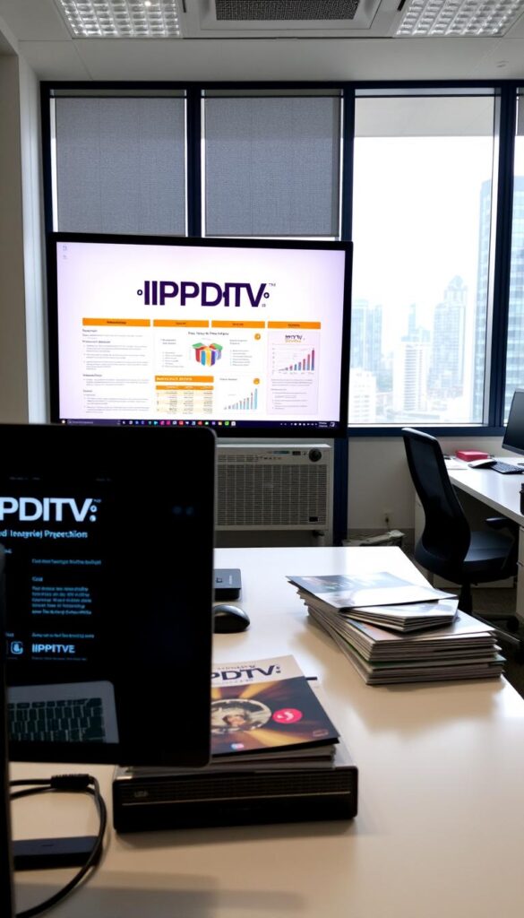 A well-lit and neatly organized office space showcasing the IPTVDIGI brand and IPTV reseller opportunities. In the foreground, a desktop computer displays a detailed business plan, financial projections, and customer data. On the desk, a stack of marketing materials, including brochures and product samples, suggests a thriving IPTV reseller operation. The middle ground features a modern office chair and desk setup, conveying a professional, success-driven atmosphere. In the background, floor-to-ceiling windows provide natural lighting and a cityscape view, hinting at the growth potential of the IPTV reselling business.