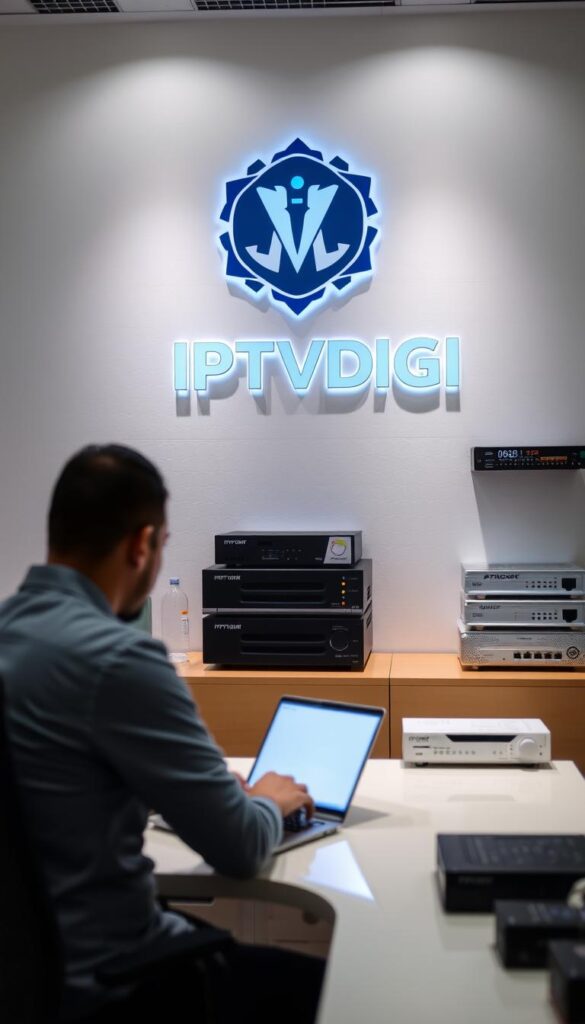 A well-lit and professional-looking office scene, featuring a stylized IPTVDIGI logo prominently displayed on the wall. In the foreground, a person sitting at a desk, intently focused on a laptop, conveying the reliable and trustworthy nature of the IPTV reseller service. The middle ground showcases various networking equipment, such as routers and modems, highlighting the technical capabilities of the service. The background features a clean, minimalist design with subtle patterns or textures, creating a sense of professionalism and attention to detail. The overall mood is one of efficiency, reliability, and a commitment to providing a high-quality IPTV reseller experience.
