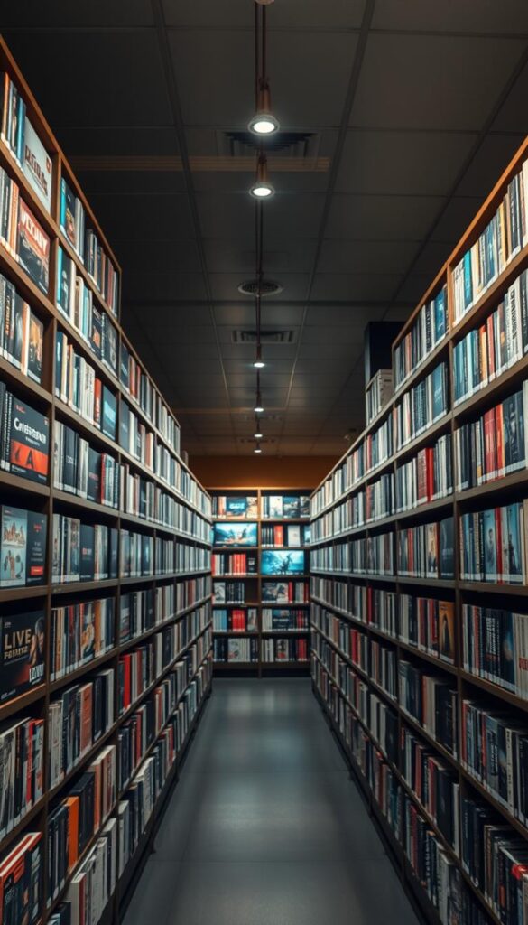 A well-lit, high-resolution digital library showcasing the extensive IPTV content library of IPTVDIGI, the leading IPTV reseller platform. Rows of shelves are filled with a diverse collection of digital media, including live TV channels, on-demand movies, and curated content packages. The scene is captured with a wide-angle lens, providing a panoramic view that emphasizes the depth and breadth of the library. Soft, diffused lighting illuminates the shelves, creating a warm and inviting atmosphere that conveys the platform's user-friendly and comprehensive offerings. The overall composition and attention to detail highlight IPTVDIGI's position as the best IPTV reseller platform for beginners, catering to their diverse entertainment needs.