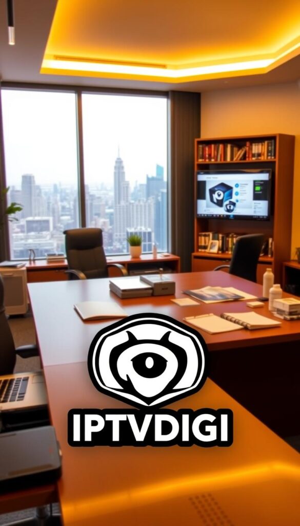 A well-lit office interior with a large desk, laptop, and various office supplies. In the foreground, a stylized "IPTVDIGI" logo is prominently displayed on the desk. The middle ground features a bookshelf with business-related books and a wall-mounted monitor displaying IPTV service information. The background showcases a large window overlooking a bustling city skyline, creating a professional and successful atmosphere. The lighting is warm and inviting, with a focus on showcasing the IPTV reseller business elements.