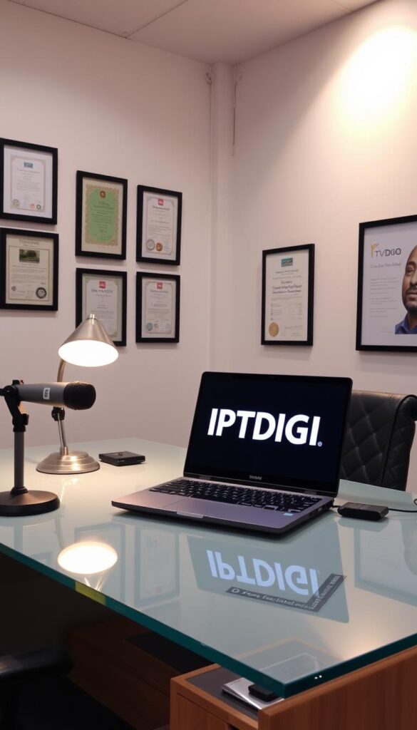 A well-lit office interior with a modern, minimalist aesthetic. On a sleek, glass-topped desk, a laptop displays the IPTVDIGI logo prominently. Beside it, a high-quality microphone and a stylish desk lamp create a professional, business-oriented setting. The walls are adorned with framed certifications and awards, conveying the reliability and expertise of the IPTVDIGI IPTV reseller service. The lighting is warm and inviting, creating a sense of trust and confidence. The overall scene suggests a trustworthy, successful IPTV reseller partner that prioritizes quality, service, and customer satisfaction.