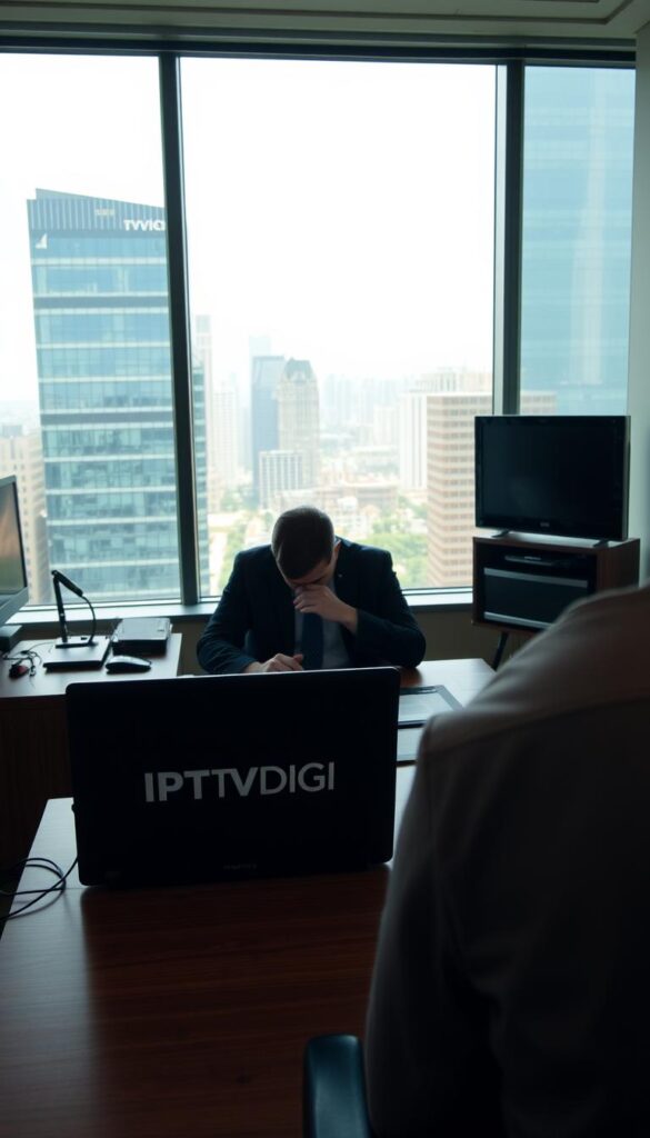 A well-lit office interior with a professional-looking desk, laptop, and other business equipment. In the foreground, a person sitting at the desk, intently focused on the laptop screen. The background features a large window overlooking a bustling city skyline, providing a sense of professionalism and legality. The overall atmosphere conveys a sense of a legitimate, compliant IPTV reselling business, with the IPTVDIGI brand prominently displayed on the laptop or other equipment.