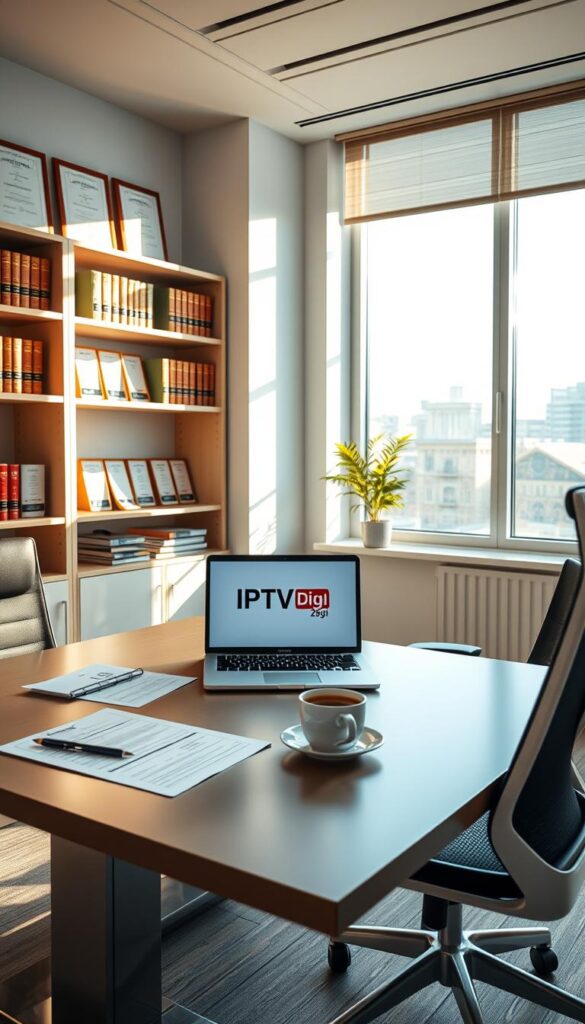 A well-lit office interior with a sleek, modern desk and ergonomic chair. On the desk, a laptop displays the IPTVDIGI logo, surrounded by essential documents, a pen, and a cup of coffee. The walls are adorned with shelves showcasing legal books and certifications, conveying a professional and authoritative atmosphere. Sunlight streams in through large windows, casting a warm glow and creating a sense of productivity and legitimacy. The overall scene suggests the requirements and environment of a legal IPTV reseller operation.