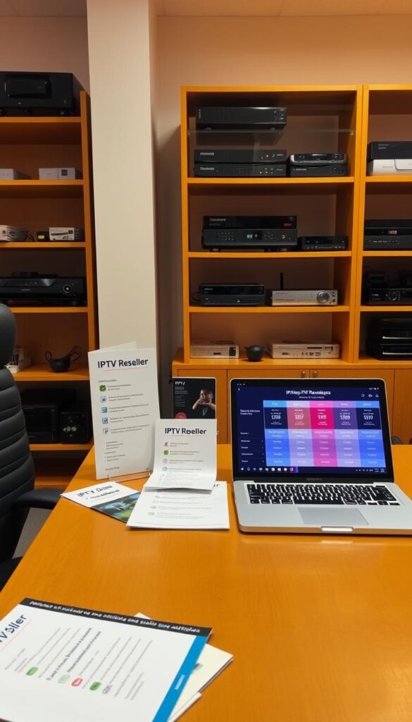 A well-lit office scene with a wooden desk showcasing various IPTV reseller plans and services from the provider IPTVDIGI. On the desk, there are brochures, price lists, and a laptop displaying a comparison chart of features, packages, and pricing. In the background, shelves with IPTV-related hardware and equipment. The lighting is warm and professional, creating a welcoming and informative atmosphere for potential IPTV resellers to explore their options.