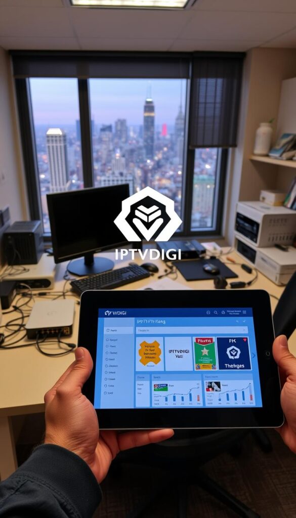 A well-lit office setup with a desk, desktop computer, and various networking equipment like modems, routers, and Ethernet cables. In the foreground, a hand holds an IPTVDIGI-branded tablet displaying a business dashboard. The middle ground features a stylized IPTVDIGI logo and branding elements. The background showcases a large window overlooking a bustling city skyline, creating a professional and technologically-driven atmosphere.