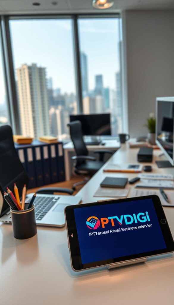 A well-lit office setup with a professional-grade desk, laptop, and various office supplies. In the foreground, a tablet or smartphone displays the IPTVDIGI logo, representing the IPTV reseller business interface. The middle ground features filing cabinets, a comfortable office chair, and a sleek monitor. The background showcases a large window with a cityscape view, creating a modern and productive atmosphere. The lighting is soft and natural, highlighting the workspace's clean and organized aesthetic.