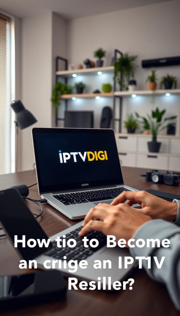 A well-lit office workspace with a laptop, smartphone, and other gadgets prominently displayed. In the foreground, a person's hands are typing on the laptop keyboard, conveying a sense of focused productivity. The middle ground features the IPTVDIGI logo on the laptop screen, indicating the subject matter. The background showcases a modern, minimalist decor with shelves, plants, and subtle lighting, creating a professional and inviting atmosphere. The overall scene suggests the process of becoming an IPTV reseller, as discussed by Reddit users.