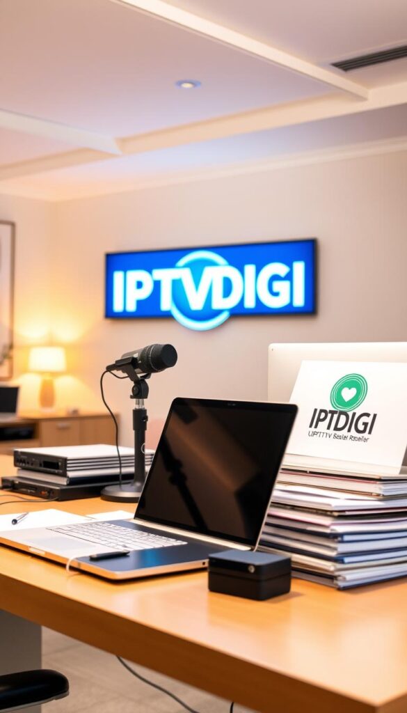 A well-lit office workspace with a sleek laptop, a stack of documents, and a branded IPTVDIGI logo prominently displayed. The desk is neatly organized, with a professional-looking setup including a high-quality webcam, microphone, and networking equipment. The lighting is warm and inviting, creating a productive atmosphere. The background features a modern, minimalist interior design with clean lines and neutral colors, conveying a sense of efficiency and professionalism. The overall scene suggests a cost-effective yet polished IPTV reseller operation, ready to serve customers with reliable and affordable services.