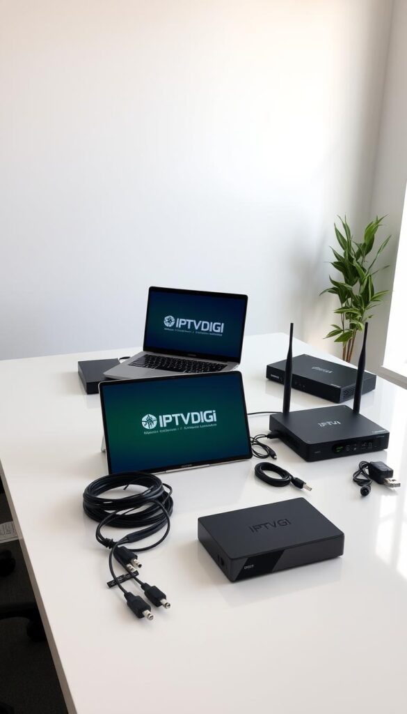 A well-lit office workspace with a sleek, modern desk showcasing various IPTV reseller equipment and software. On the desk, there is a laptop displaying the IPTVDIGI brand logo, alongside a high-end router, a streaming box, and a selection of cables and adapters. The background features a minimalist wall with a large window providing natural lighting, creating a professional and inviting atmosphere. The overall scene conveys the tools and technology needed to successfully operate an IPTV reseller business.