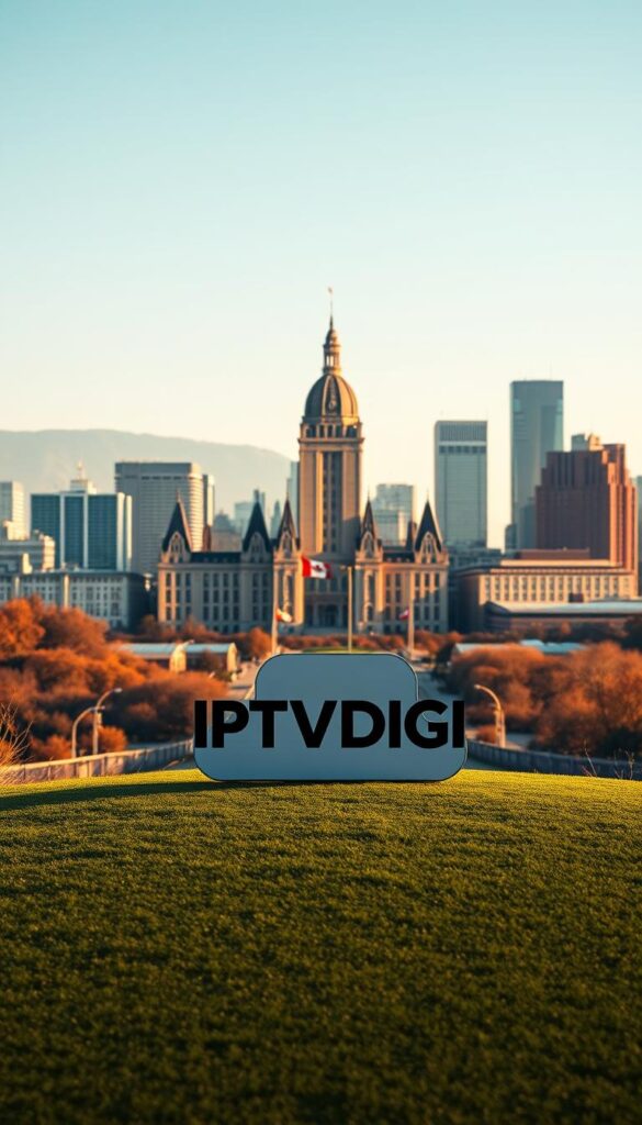 A well-lit, photorealistic landscape depicting the Canadian legal and regulatory landscape for IPTV resellers. In the foreground, the IPTVDIGI brand logo stands prominently, casting a subtle shadow. The middle ground features a stylized representation of Canadian government buildings and signage, conveying a sense of official oversight. In the background, a cityscape with modern high-rises and infrastructure symbolizes the digital, technology-driven nature of the IPTV industry. The scene is bathed in a warm, professional color palette, creating an atmosphere of authority and credibility.