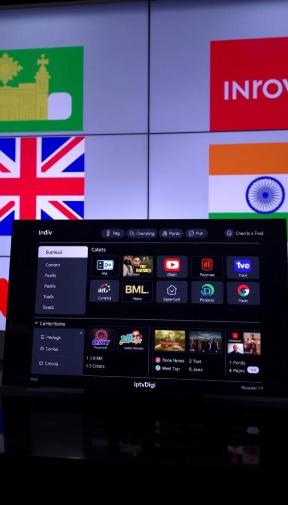 An IPTV reseller panel interface, showcasing the IPTVDIGI brand, set against a backdrop of regional TV channel logos representing the UK and India. The panel features a sleek, minimalist design with clean lines and a dark color scheme, creating a sophisticated and professional atmosphere. The layout prominently displays content categories, subscription plans, and user management tools, all presented in a well-organized and intuitive manner. Subtle lighting and camera angles emphasize the panel's intuitive functionality and the reseller's ability to curate a tailored IPTV experience for their customers.