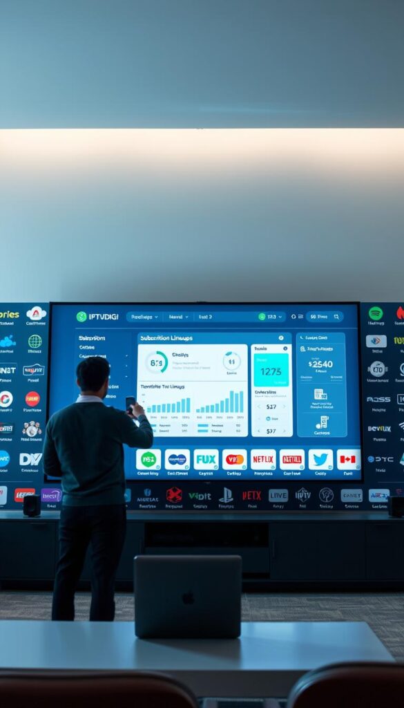An IPTVDIGI reseller platform interface, showcasing a sleek and intuitive dashboard. In the foreground, a user navigates the platform, interacting with various options such as subscription management, channel lineups, and analytics. The middle ground features a large display presenting real-time viewership data and revenue statistics. In the background, a subtle grid of icons and logos represents the comprehensive suite of IPTV services and features available to resellers. The scene is illuminated by a soft, diffused lighting, creating a professional and modern atmosphere. The entire composition conveys the power and simplicity of the IPTVDIGI reseller solution.