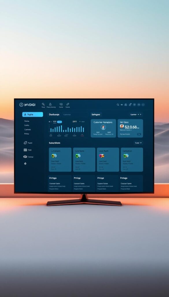An elegant IPTVDIGI reseller panel interface with a sleek, modern design. The foreground displays a dashboard with intuitive controls, showcasing key performance metrics and customer management tools. The middle ground features a clean, organized layout of subscription packages and pricing. In the background, a serene, minimalist landscape with subtle gradients creates a calming atmosphere, complementing the panel's sophisticated aesthetic. Soft, warm lighting illuminates the scene, highlighting the panel's features and creating a professional, trustworthy impression. The entire composition conveys a sense of efficiency, user-friendliness, and brand trust, perfectly suited for an IPTV reseller's business needs.