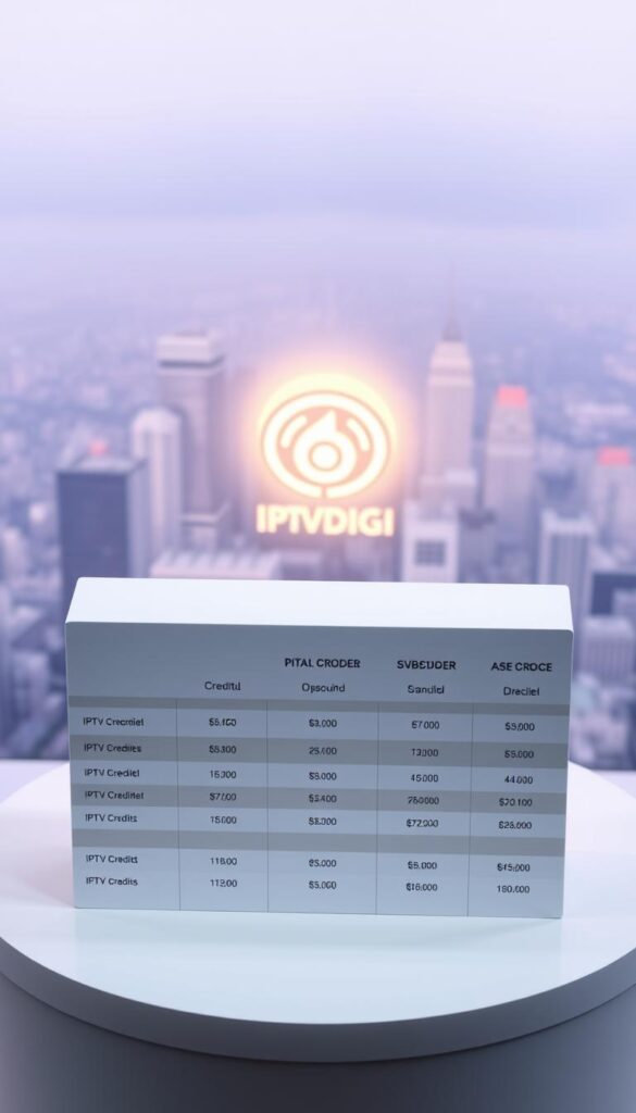 An elegant, isometric display of the IPTVDIGI credit package offerings. In the foreground, a sleek, minimalist table showcases the tiered subscription plans, each with distinct credits, durations, and pricing. The middle ground features a stylized IPTVDIGI logo, casting a soft, warm glow. The background depicts a subtle, blurred cityscape, conveying a sense of modern, urban connectivity. The lighting is soft and directional, creating depth and emphasizing the clean, modern design. The overall scene exudes a professional, informative, and visually appealing atmosphere suitable for the article's subject matter.