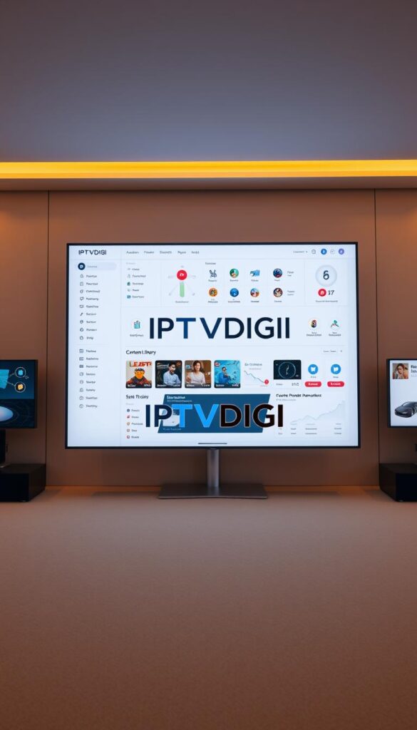 An expansive, modern IPTV reseller platform, showcased in a clean, minimalist interface. The IPTVDIGI logo prominently displayed, surrounded by intuitive controls and data visualizations. In the foreground, a user-friendly dashboard with customizable widgets, allowing resellers to effortlessly manage their IPTV services. In the middle ground, a sleek, responsive layout showcasing subscriber management, content library, and analytical tools. The background features a subtle grid pattern, evoking a sense of technological sophistication. Warm, diffused lighting creates a welcoming, professional atmosphere, highlighting the platform's seamless user experience and powerful capabilities.