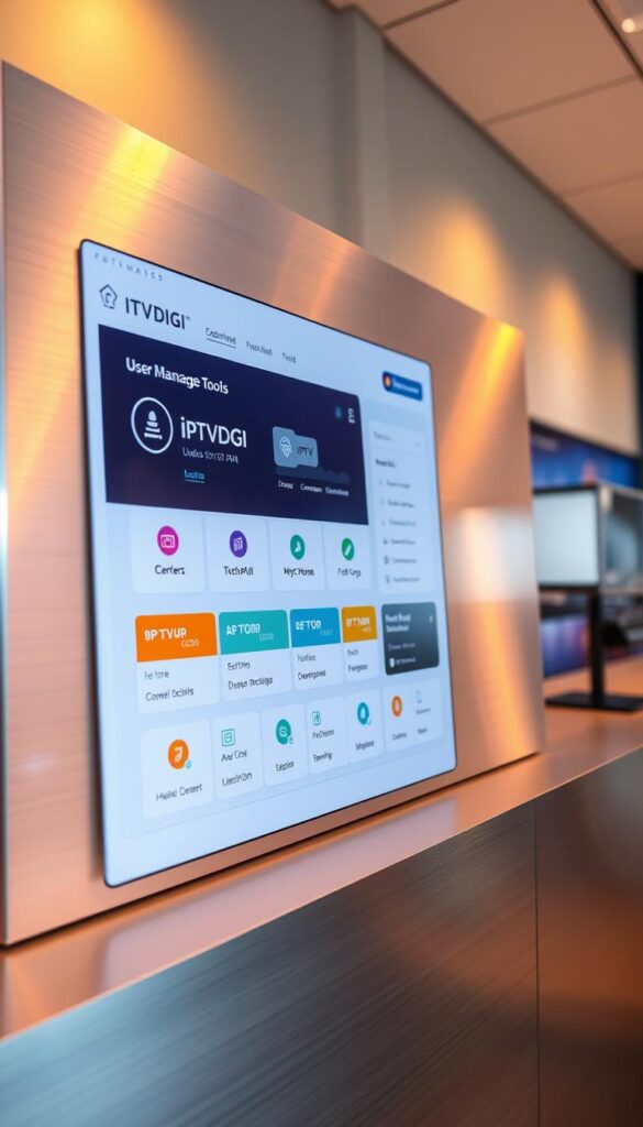 Detailed and reliable IPTVDIGI panel with a clean, minimalist interface. The panel features a prominent dashboard showcasing IPTV credits, user management tools, and intuitive navigation. Warm lighting illuminates the sleek, brushed metal surfaces, creating a professional, trustworthy atmosphere. The panel is captured at a slightly elevated angle, emphasizing its modern, streamlined design. The background is blurred, keeping the focus on the panel's core functionality and user-friendly layout.