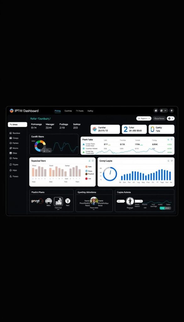 Detailed and sleek IPTVDIGI reseller dashboard, minimalist black and white interface, clean typography, crisp data visualizations, neatly organized user controls, professional and intuitive layout, sophisticated lighting and shadows, high-resolution digital rendering, sharp focus, high-quality presentation.
