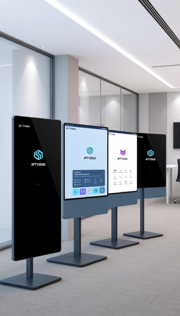 High-resolution, realistic digital illustration of five IPTV reseller panels displayed side-by-side, showcasing the user interface and key features of each platform. The panels should be visually distinct, with subtle yet clear branding, including the logo "IPTVDIGI". The scene should be set in a modern, minimalist office environment with clean lines, soft lighting, and a neutral color palette to focus attention on the reseller panels. The composition should be well-balanced, with the panels prominently featured in the foreground, and the background elements providing context without distracting from the main subject matter.