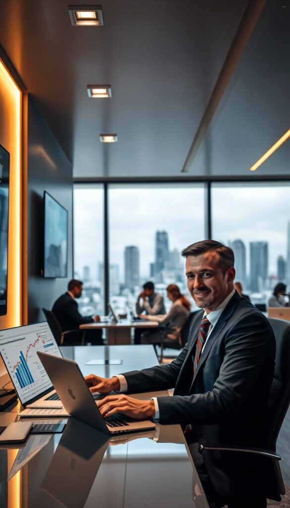 Profitable IPTV reseller opportunities - a sleek, modern office interior with a large IPTVDIGI logo prominently displayed on the wall. In the foreground, a businessman in a sharp suit sits at a desk, laptop open, surrounded by financial reports and graphs illustrating growth and earnings potential. The middle ground features other resellers collaborating, discussing strategies, and closing deals over video calls. The background showcases a cityscape view through floor-to-ceiling windows, conveying a sense of urban dynamism and success. Bright, warm lighting and a minimalist, high-tech aesthetic create an atmosphere of professionalism and opportunity.