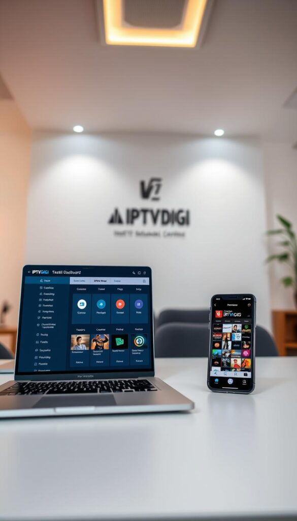 Reliable IPTV reseller services from IPTVDIGI, showcasing a sleek and modern control panel. In the foreground, a laptop displays the reseller dashboard, highlighting seamless subscription management and real-time analytics. In the middle ground, a smartphone demonstrates the IPTVDIGI mobile app, allowing users to access a vast library of live TV channels and on-demand content. The background features a clean, minimalist office setting with subtle branding elements, conveying a sense of professionalism and trustworthiness. The lighting is soft and natural, creating a warm and inviting atmosphere. The overall scene emphasizes the reliable, user-friendly, and comprehensive nature of IPTVDIGI's reseller services.